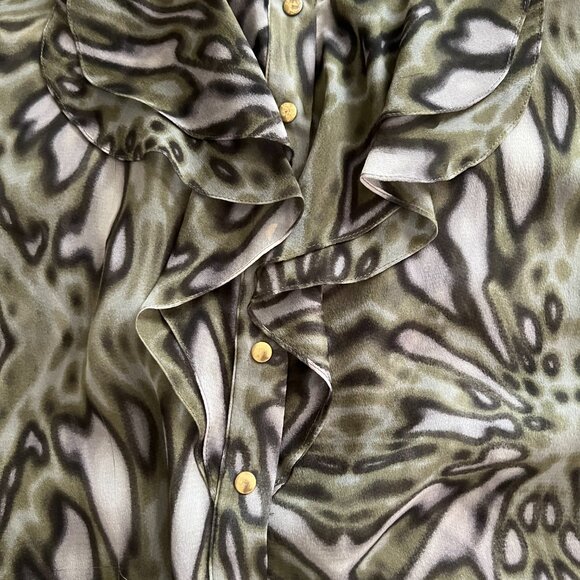 Tibi Olive Pattern 100% Silk Feminine Blouse - Picture 4 of 6